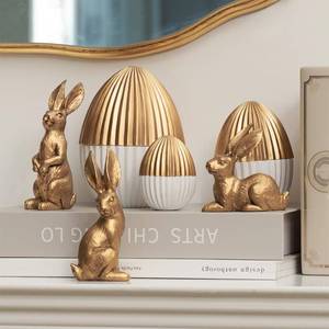 lot 5073 image: DN DECONATION 6PCS Easter Decorations with 3 Rabbits and 3 Gold Easter Eggs, Small Easter Bunny Figurines, Spring Table Centerpiece Decor Rabbit Statues, Indoor Bunny Decor, Vintage Home Decor