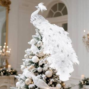 lot 6014 image: Retisee 15 Inch Christmas Peacock Tree Topper Christmas Ornaments Artificial Feather Glitter White Peacock Xmas Decorations for Xmas Wedding Party Tree Decor