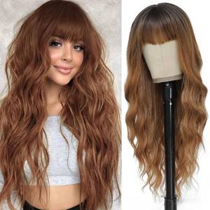 lot 6020 image: MINSEEYOO Ombre Brown Wig with Bangs for Women Long Ombre Brown Wavy Wigs 26 Inch Brown Wigs Natural Looking Heat Resistant Synthetic Wig for Daily Party Use