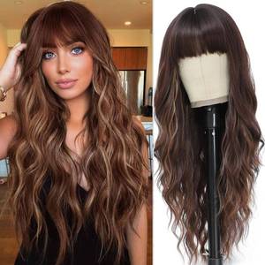 lot 6024 image: MINSEEYOO Brown Mix Blonde Wig with Bangs for Women Long Brown Highlights Wavy Wigs 26 Inch Brown Wigs Natural Looking Heat Resistant Synthetic Wig for Daily Party Use