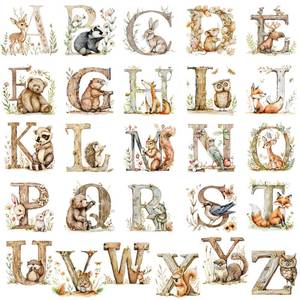 lot 6025 image: Dunzoom Woodland Alphabet Wall Decals Watercolor Animal ABC Wall Decals Peel and Stick Educational Nursery Stickers for Playroom Classroom Decoration