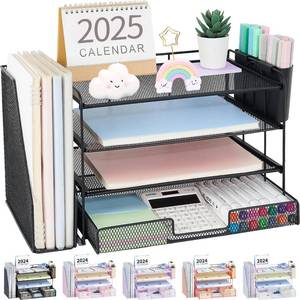 lot 6034 image: OPNICE Desk Organizer, 4-Tier Desktop File Organizer with Drawer and 2 Pen Holders, Office Desk Accessories, File Sorters, Workspace Organizers for Office Supplies(Black)