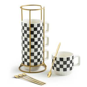 lot 6036 image: Miamolo Stackable Coffee Mug Set of 4 with Rack 11 oz Tea Cup Set with Little Spoon for Coffee Tea Cocoa Milk, Checkered Black and White Pattern Coffee Mug for Housewarming Gift