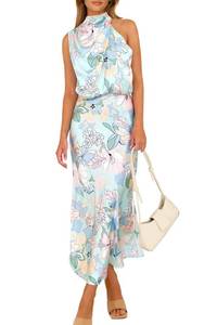 lot 6047 image: PRETTYGARDEN Womens 2025 Summer Satin Dress Elegant Sleeveless Mock Neck Cocktail Party Maxi Dresses (Print Blue,X-Large)