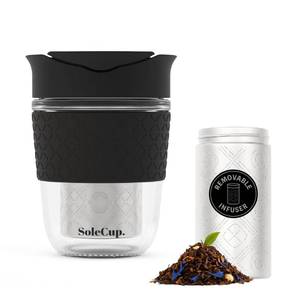 lot 6059 image: SoleCup. Travel Mug Loose Tea Infuser - Detachable Tea Strainer with Spillproof Lid - BPA-Free Reusable Glass Travel Coffee Cup with Silicone Band (Black, 12oz)