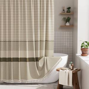 lot 6079 image: AmazerBath Farmhouse Shower Curtain, Brown Shower Curtain Set with Tassels, Rustic Faux Linen Brown Striped Boho Shower Curtain with Hooks, Warm Tan Toned, 72x72 Inches