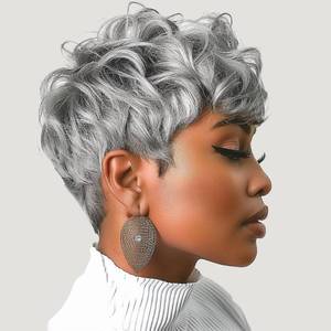 lot 6098 image: DOcute Gray Wig for Black People Pixie Cut Wig with Bangs Short Pixie, Curly Wig for Black Women, Fluffy Pixie Curly Wig for Women Natural Wavy Short Gray Pixie Cut (Grey)