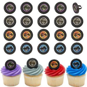 lot 6382 image: Monster Jam Rings, 24 Monster Truck Cupcake Toppers, Bright Colorful Truck Tire Cupcake Decorations, Food Safe - 24 Pack