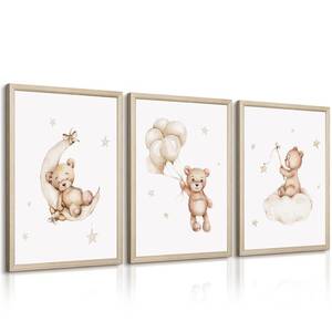 lot 6390 image: Baccone Bear Nursery Wall Art Decor Set of 3 Teddy Bear Canvas Wall Art Baby Boy Nursery Decor Prints Neutral Pictures Moon Star Cloud Print for Girls Children Room 12x16 Inch Wood Framed