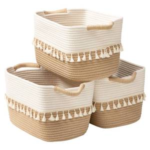 lot 6394 image: TeoKJ Woven Storage Bin Set of 3, Cotton Rope Basket for Storage, Clothes Boho Basket Bin for Organizing, Fabric Basket for Books, Plants, Pet Treats, White & Jute