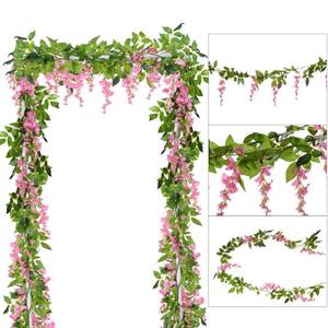 lot 6396 image: DearHouse 4Pcs 6.6FtPiece Artificial Flowers Silk Wisteria Garland Artificial Wisteria Vine Rattan Silk Hanging Flower for Home Garden Outdoor Ceremony Wedding Arch Floral Decor(Pink)