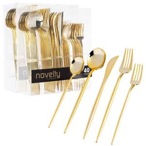 lot 6402 image: Novelty Modern Flatware Cutlery Disposable Plastic Combo Set 80 Count Luxury Gold, Service for 16