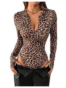 lot 6410 image: Milumia Womens Leopard Print Zipper Front Long Sleeve Bodysuit Y2k Leotard Tops Brown Large