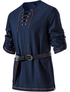 lot 6417 image: JEMITOP Mens Renaissance Costume Retro Lace Up Shirts for Pirate Viking Medieval Vampire Halloween Cosplay Without Belt Navy Blue XXXL