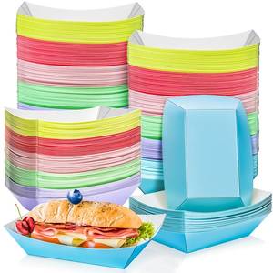 lot 6445 image: MotBach 120 Pack 2LB Colorful Paper Food Boat Trays Disposable Paper Boats Containers, Colored Kraft Food Serving Boat Tray Basket for Snack Popcorn Sandwich Burger BBQ Hot Dog Taco Fries Nacho