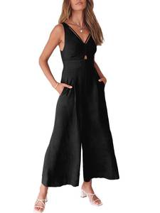 lot 6457 image: ANRABESS Womens Jumpsuits Summer Wide Leg Sleeveless V Neck Casual Dressy Linen Pants Rompers 2025 Vacation Beach Outfits Black Large