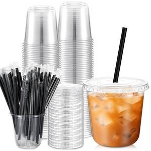 lot 6490 image: Ziliny 50 Set Clear Plastic Cups with Lids and Straws, PET Disposable Iced Coffee Cups for Drinking Cold Beverage Juice Parfait Smoothie Milkshake Shop Party Supplies (Clear Cup,Black Straw,10 oz)