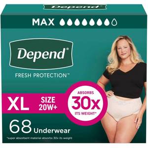 lot 6491 image: Depend Fresh Protection Adult Diapers, Incontinence & Postpartum Bladder Leak Underwear for Women, Disposable, Maximum, Extra-Large, Blush, 68 Count (2 Packs of 34), Packaging May Vary
