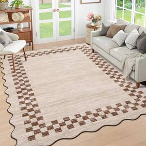 lot 9296 image: GarveeHome 4x6 Area Rug Small Washable Living Room Rug Scalloped Rug with Rubber Backing Stain Resistant Low Pile Dining Room Throw Carpet Modern Bordered Mat for Bedroom Kitchen, Beige