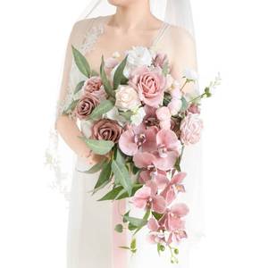 lot 9312 image: Lings moment Dusty Rose Bridal Bouquet Cascading, Pink Wedding Bouquets for Bride, 15 Inch Bride Bouquet Orchids Artificial Wedding Flower Bouquet