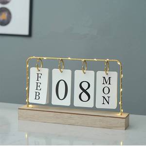 lot 10346 image: Flip Wooden Perpetual Calendar Gold Metal Stand with Paper Monthly Daily Calendar with Light For Daily Office Home Decor Reusable Office Accessory