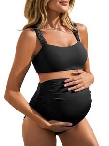 lot 10352 image: Summer Mae Ribbed Maternity Bikini Swimsuit for Women High Waisted Two-Piece Bathing Suit Crop Top Pregnancy Swimwear Black 6-8