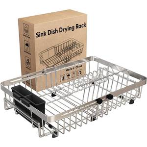lot 11222 image: MAJALiS Expandable Stainless Steel Over The Sink Dish Drying Rack for Small Kitchen Counter Space Saving, Compact RV Plate Drainer Strainer in Silver Wire Metal with Hanging Adjustable Utensil Holder