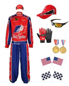 lot 11243 image: 7PCS Adult Men Women Characters Costumes in Talladega Nights Racing Jacket Outfits with Hat Sunglasses Gloves and Flags Talladega Nights Jacket Men Race Car Driver Costume for Stage Performance Party