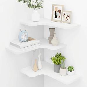 lot 11258 image: Homode Corner Floating Shelves, Set of 3 Corner Wall Shelves with Wire Hole, L-Shaped Wood Hanging Storage Shelf for Wall Decor, for Bathroom Kitchen Bedroom, White