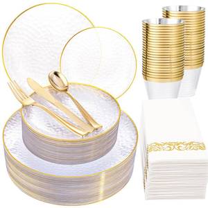 lot 11281 image: Rubtlamp 175 Pcs Plastic Dinnerware Set (25 Guests), Clear And Gold Plastic Plates, Hammered Party Plates Include Dinner Platos, Dessert Platos, Cups, Gold Cutlery Set And Napkins for Party