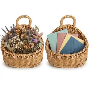lot 11289 image: DOITOOL Set of 2 Wicker Hanging Basket for Wall, Front Door, Flowers, Mail, Fruit - Boho Handmade Rattan Hanging Wall Baskets for Garden Farmhouse Home Storage