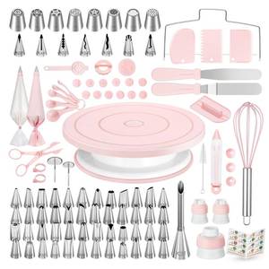 lot 11292 image: Kootek 158PCs Cake Decorating Kit, Baking Supplies Tools - Includes Cake Stand Turntable, 64 Icing Piping Tips Set, 2 Frosting Spatulas, 3 Scrapers, 502 Pastry Bags, Coupler, Video Tutorial, Booklet (Missing Pieces)