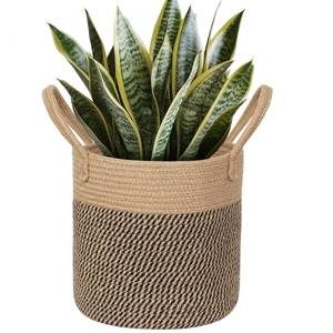 lot 12054 image: WILLITAT Round Wicker Basket with Handle, 11 Woven Jute Plant Basket for 10 Pot, Indoor Boho Tree Planter, Decorative Flower Pot Cover, Rustic Holder for Plants, Shoe Bin for Entryway, Black Stripes
