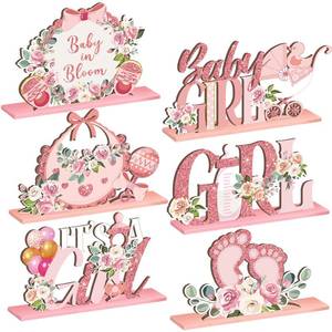 lot 12055 image: 6 Pcs Floral Baby Shower Table Decoration Flower Girl Birthday Wooden Centerpieces Baby in Bloom Table Display with Letters Pink Its a Girl Gender Reveal for Birthday Photo Props Spring Supplies