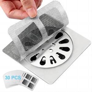 lot 12060 image: 30 PC Disposable Shower Drain Hair Catcher Stickers 4x4 Strong Adhesive Mesh Covers for Bathroom, Kitchen & Laundry Easy Apply & Remove