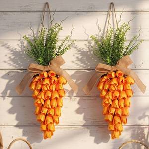 lot 12061 image: Suncalla 2 Pack Easter Tulip Carrot Wreath Decoration, 24 Inch Spring Artificial Orange Carrot Wreath Decor with Green Branches Spring Flower and Easter Egg for Home Door Wall Mantel Window Decor
