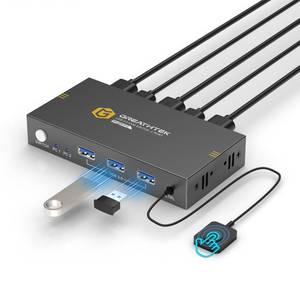 lot 12072 image: KVM Switches 2 Port 8K60Hz, GREATHTEK KVM Switch HDMI Share USB Devices with 3 USB3.0 Hubs, 2 Computers 1 Monitor Share Keyboard Mouse Printer, Button Switch Desktop Remote Control, Plug and Play