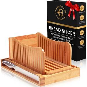 lot 12075 image: Bread Slicer for Homemade Bread - Adjustable Bamboo Bread Cutter with Knife, Foldable Slicing Guide & Crumb Tray - Bread Loaf Slicer for Sourdough, Cakes, Bagels, Loaves - Kitchen Gadgets Baking Gifts