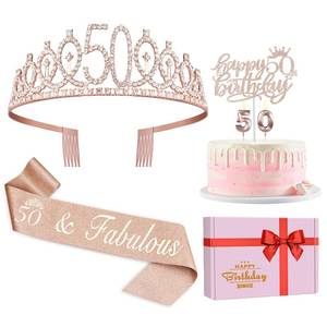 lot 12078 image: 50th Birthday Decorations for Women, Including 50th Birthday Sash and Crown, Cake Topper and Candles, 50 Year Old Gifts for Women