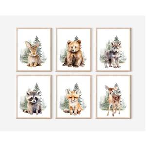 lot 12102 image: Woodland Animal Nursery Wall Art Decor Set of 6 Baby Boys Room Wall Art Forest Animal Canvas Wall Decor Kids Art Prints Watercolor Bear Deer Fox Pictures Artwork for Bedroom 8x10 Inch Unframed