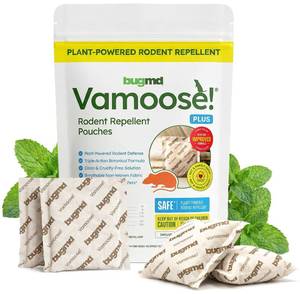 lot 12109 image: BugMD Vamoose Plus Peppermint Oil Mouse Repellent Pouches  Natural Mice Repellent Indoor & Rat Deterrent for House, Garage, RV, Car & Storage  Plant-Powered Rodent Control - 1 Pack - 4 Pouches
