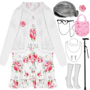 lot 12146 image: MGparty 100th Day of School Costume for Girls, Old Lady Costume for Kids, Grandma Cosplay Dress Up Accessories (110cm)