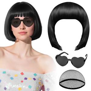 lot 12147 image: PLULON Black Bob Wig with Heart Sunglasses and Hair Cap, Colorful Short Bob Wigs Synthetic Party Wigs Funny Cosplay Hairpieces for Women Men Daily Bachelorette Halloween Costume Party Decorations