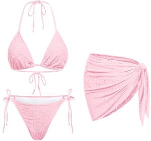 lot 12151 image: Light Pink Women 3 Piece Swimsuits - Sexy Triangle Bikini Sets with Cover Up Halter String Tie Side Bathing Suits XL