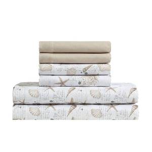 lot 12152 image: Caribbean Joe 6-Piece Sheet Set with Cooling Pillowcases, 10-inch Deep Pockets, Tropical Beach Coastal Design, Full, Shell Note Taupe
