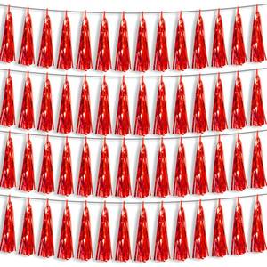 lot 12158 image: 4P Red Foil Fringe Metallic Tassel Streamers Banner Tassel Garland for Parade Floats, Bachelorette, Wedding, Birthday, Halloween, Christmas, BridalBaby Shower Party Decorations