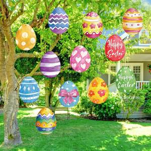 lot 12160 image: Memorywuu 12 Pcs 7.9 Inch Large Outdoor Easter Decorations Easter Egg Outdoor Hanging Ornaments Signs Double Sided Colorful Egg Shaped Decorations for Tree Lawn Porch Yard Outside Party Decor