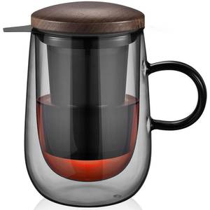 lot 12214 image: glastal Tea Infuser Mug 14.5oz Glass Tea Cup with Removable Stainless Steel Infuser and Lid, Double-walled Black Glass Tea Cup Teacup for Loose Leaf Tea, Birthday for Parents Dad Mum Friends Office