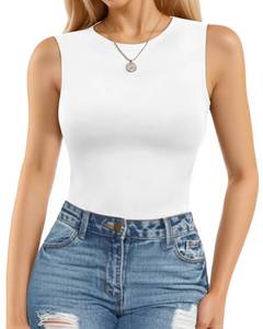 lot 12223 image: MANGOPOP Sleeveless Bodysuits for Women Crew Neck Tank Top Body Suit Basic Slim Fit Bodysuit Tops, SMALL