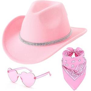lot 12243 image: Ricawa 3 PCS Pink Cowgirl Cowboy Hat with Heart Sunglasses Bandana Pink Cowgirl Christmas Costume Accessories for Girls Women (Glitter) (Missing Glasses)